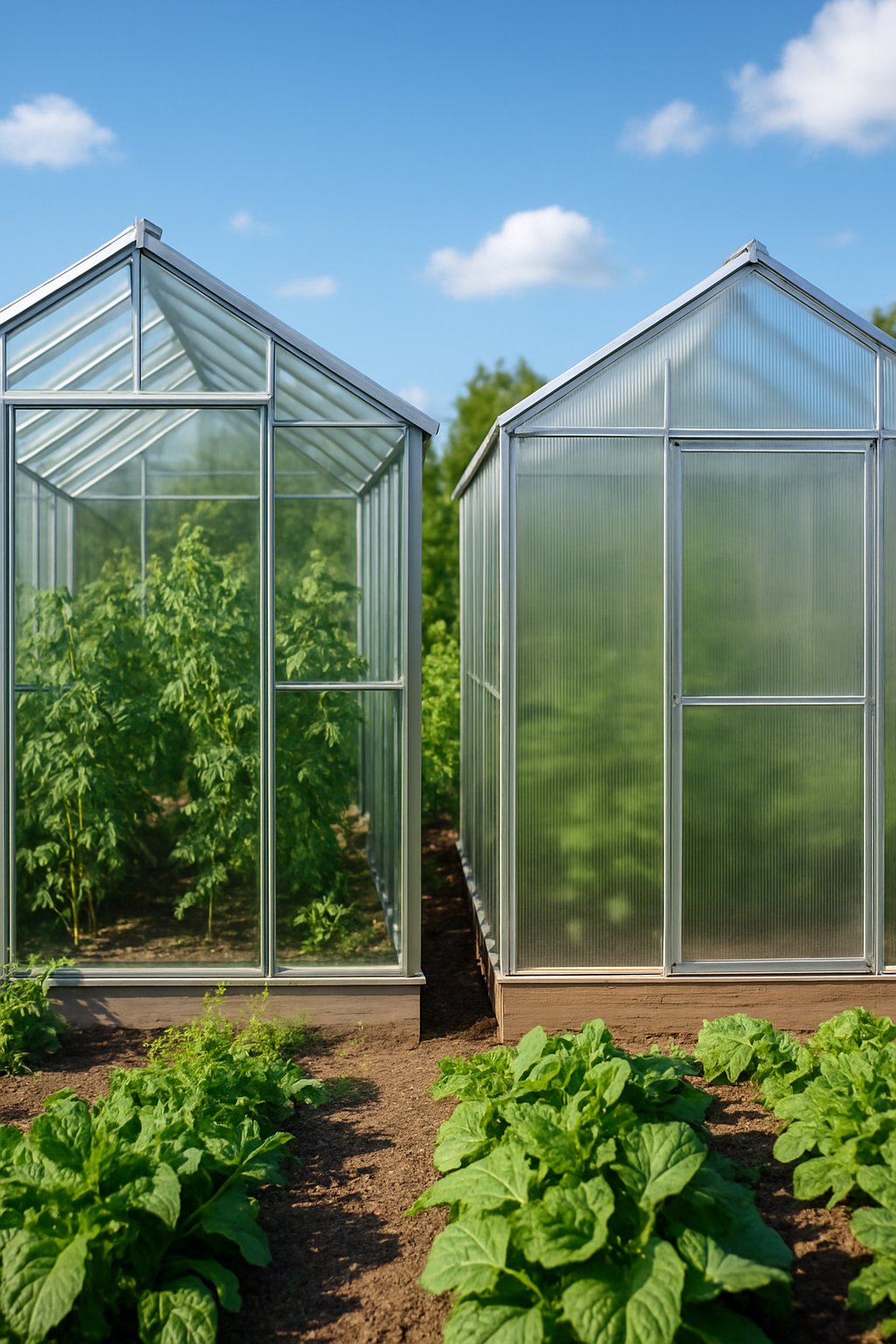 Side-by-side greenhouses, one with glass panels and one with polycarbonate panels, surrounded by plants under a blue sky.