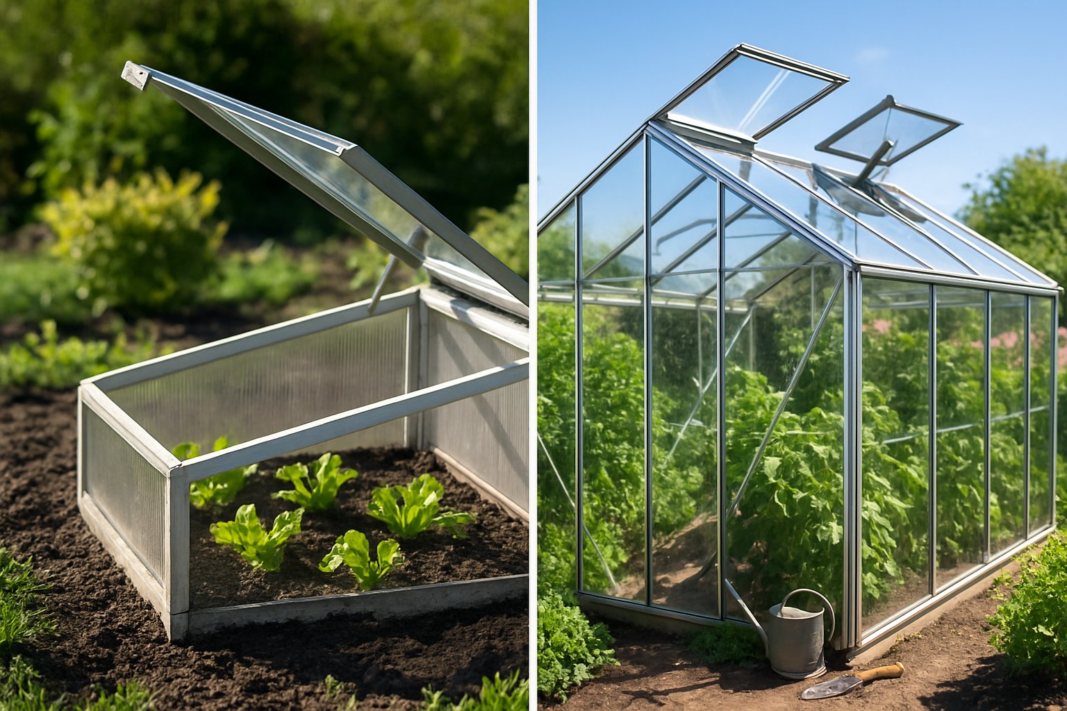Side-by-side view of a cold frame with an open glass lid and a greenhouse with open roof vents in a garden setting.