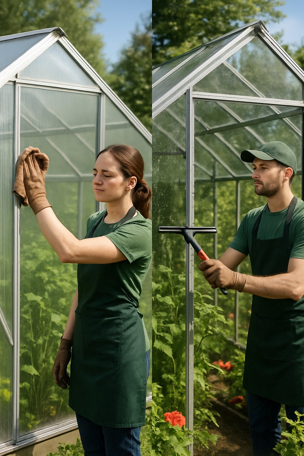 Side-by-side view of a polycarbonate greenhouse and a glass greenhouse with gardeners cleaning each structure in a garden setting.