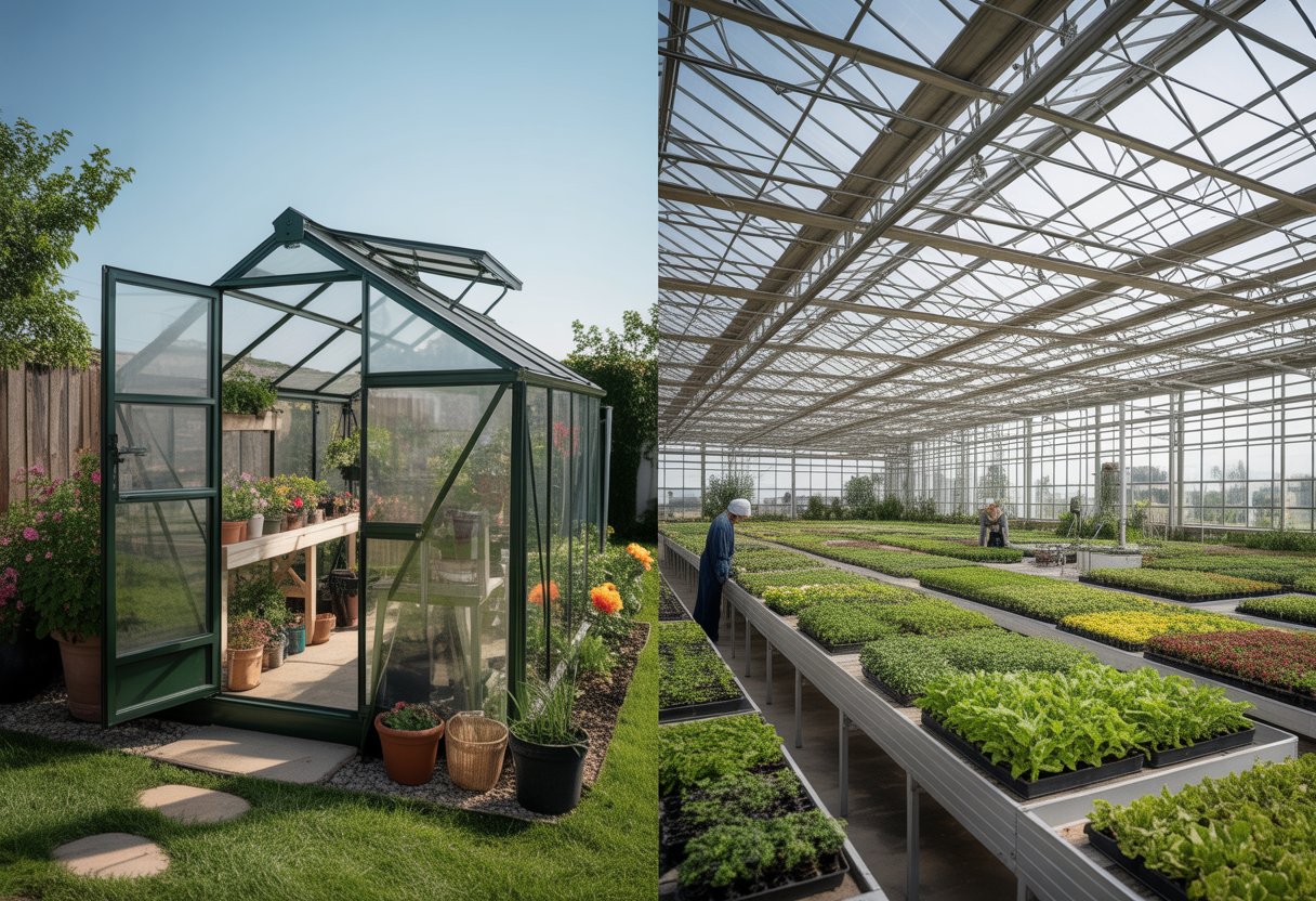 Side-by-side view of a small hobby greenhouse in a backyard and a large commercial greenhouse with rows of plants and workers inside.