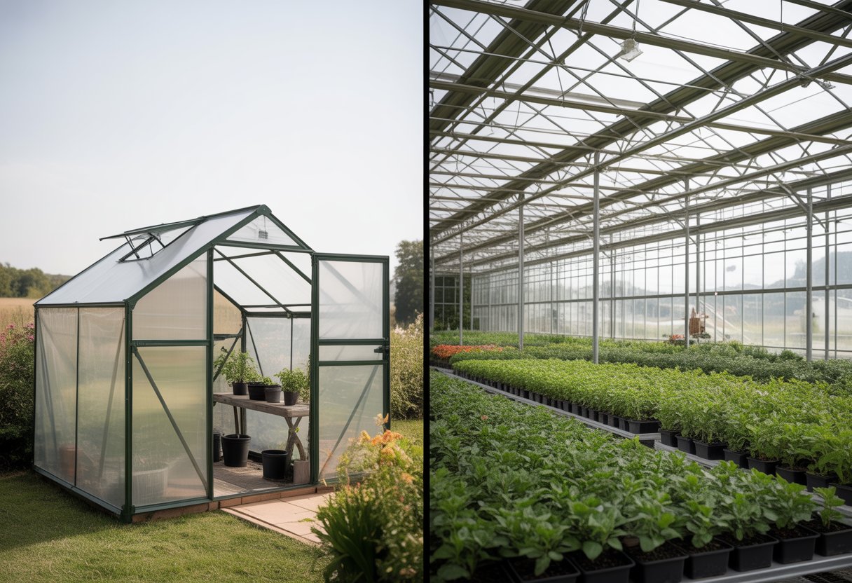 Side-by-side view of a small hobby greenhouse next to a large commercial greenhouse with plants growing inside both structures.