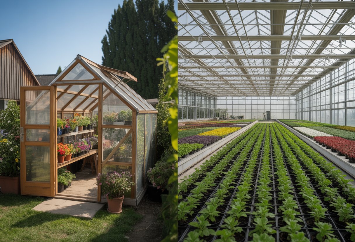 Side-by-side view of a small hobby greenhouse with potted plants and a large commercial greenhouse with rows of plants inside.