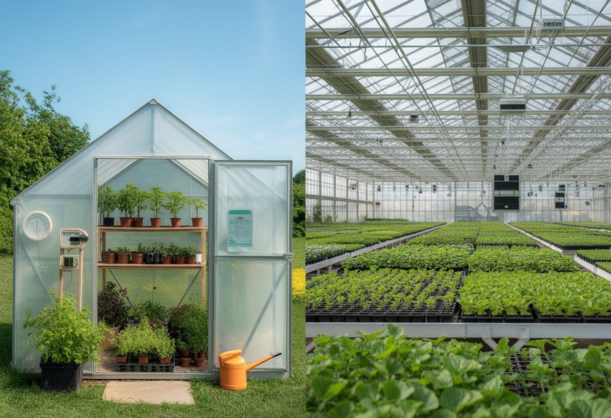 Side-by-side view of a small hobby greenhouse with potted plants and simple tools next to a large commercial greenhouse with rows of plants and advanced environmental controls.