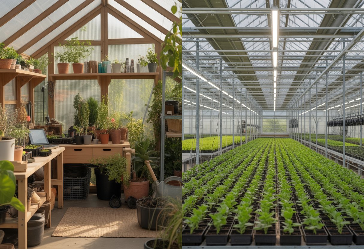 Side-by-side view of a small hobby greenhouse with potted plants and a large commercial greenhouse with rows of plants and industrial equipment.