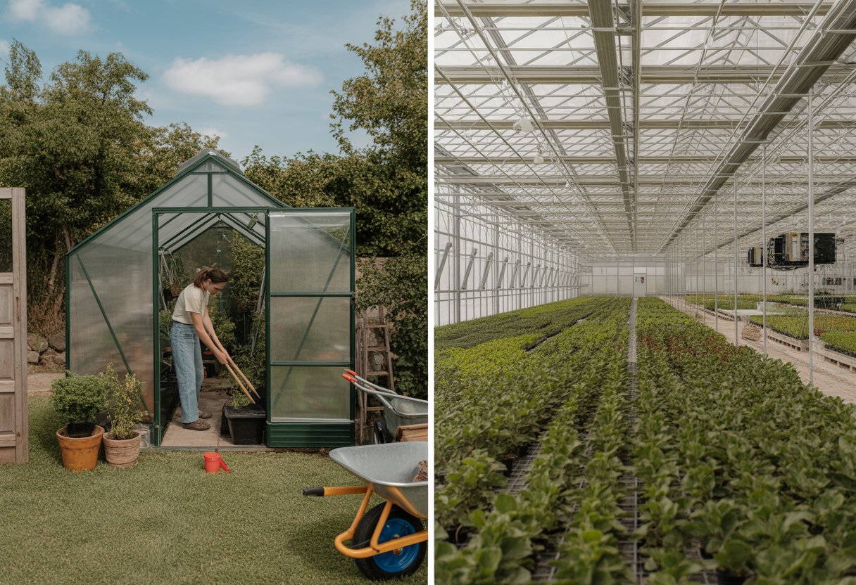 Side-by-side view of a small hobby greenhouse with a person gardening and a large commercial greenhouse with rows of plants and automated systems.
