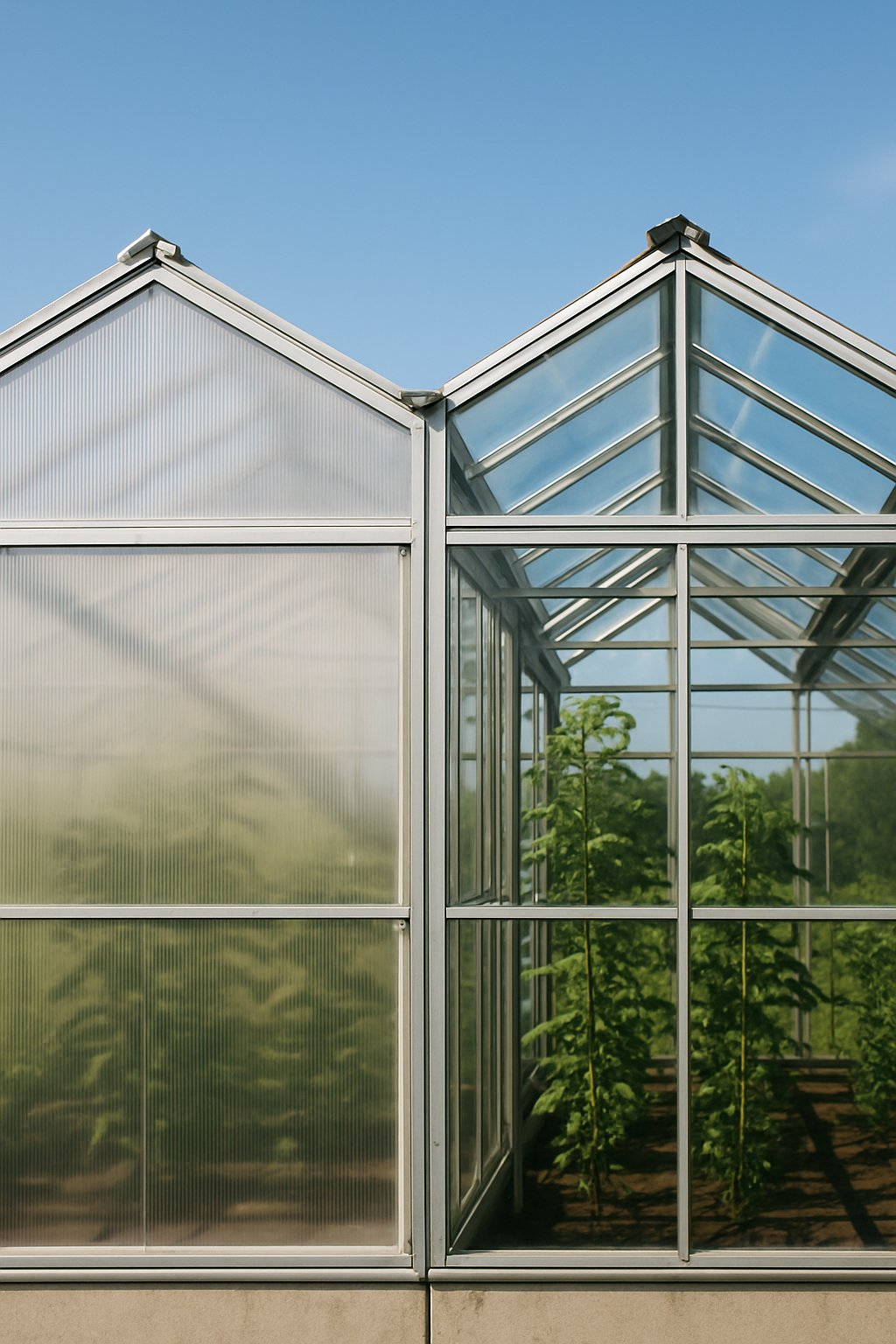 Side-by-side view of two greenhouse sections, one with polycarbonate panels diffusing light softly and the other with glass panels allowing clear, direct sunlight inside.
