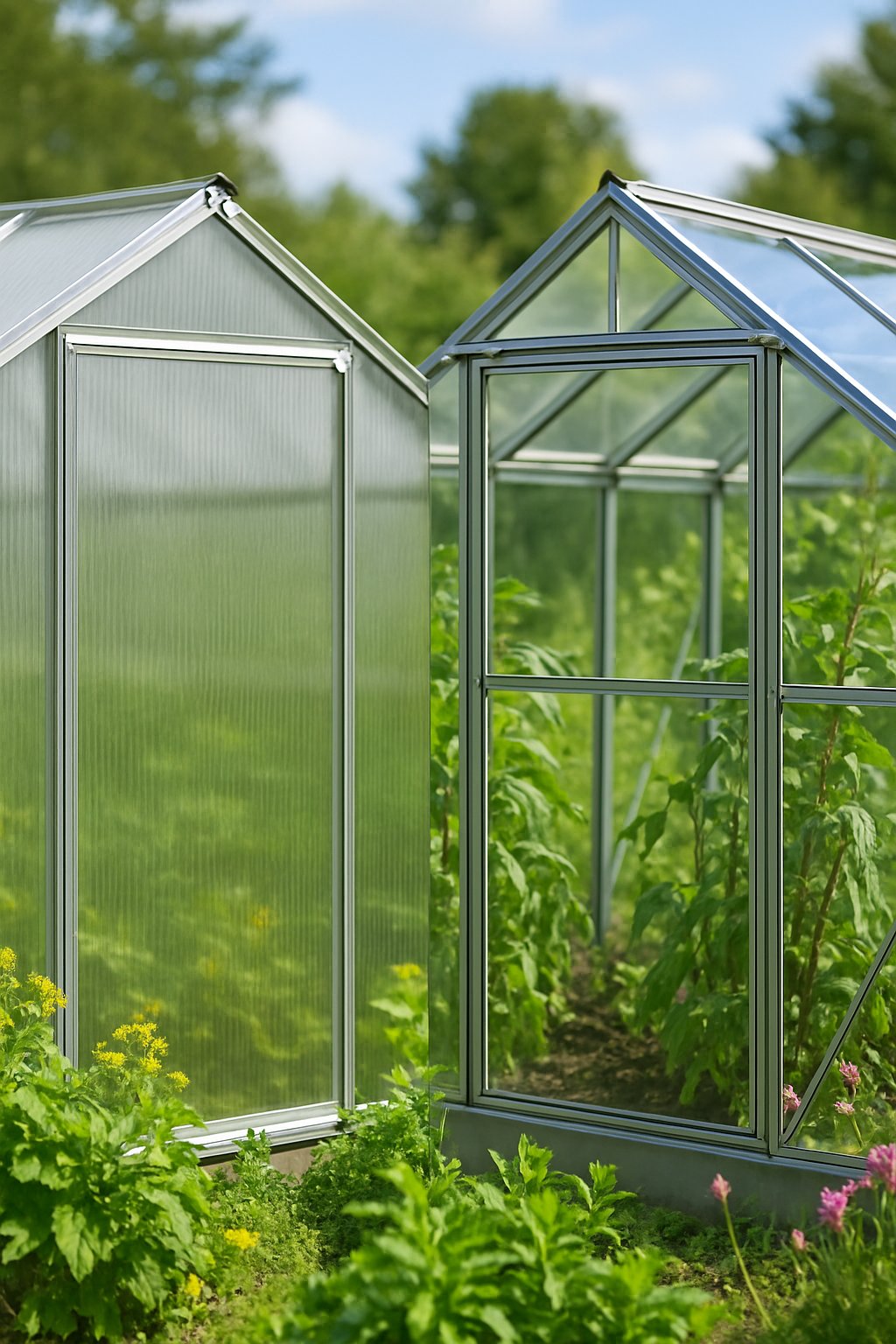Side-by-side view of two greenhouses in a garden, one made of polycarbonate panels and the other of glass panes.