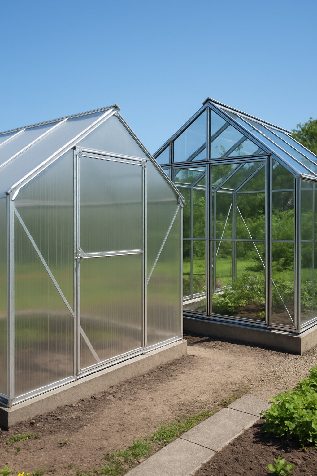Side-by-side view of two greenhouses outdoors, one with polycarbonate panels and a lighter frame, the other with glass panels and a heavier frame.