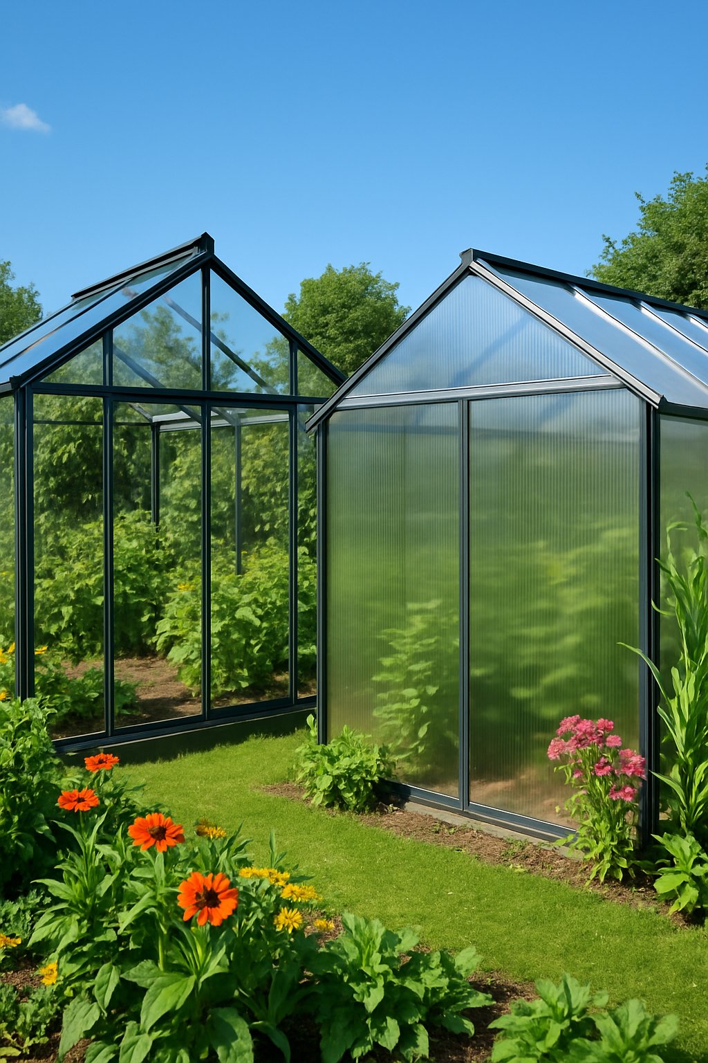 Two adjacent greenhouses in a garden, one with clear glass panels and the other with translucent polycarbonate panels, surrounded by plants and flowers under a clear sky.