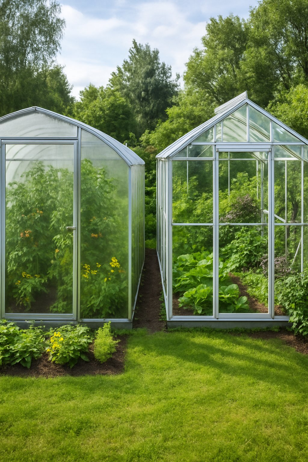 Two greenhouses side by side in a garden, one made of polycarbonate panels and the other made of glass, both containing various healthy plants.