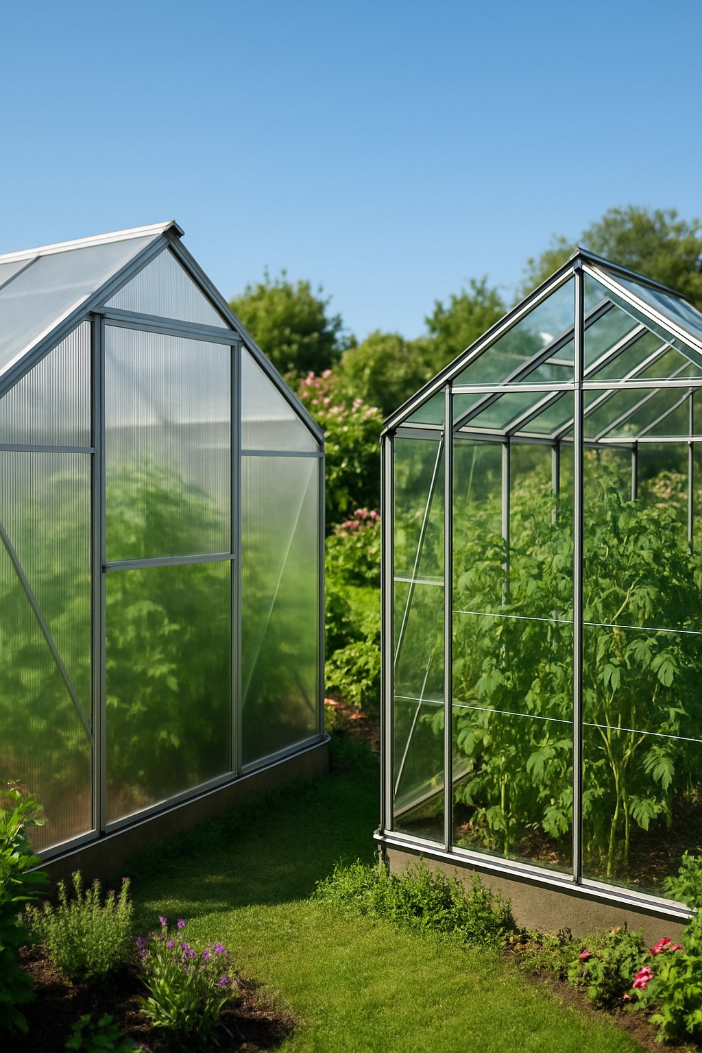 Two greenhouses side by side in a garden, one made of polycarbonate panels and the other of glass, both filled with plants.