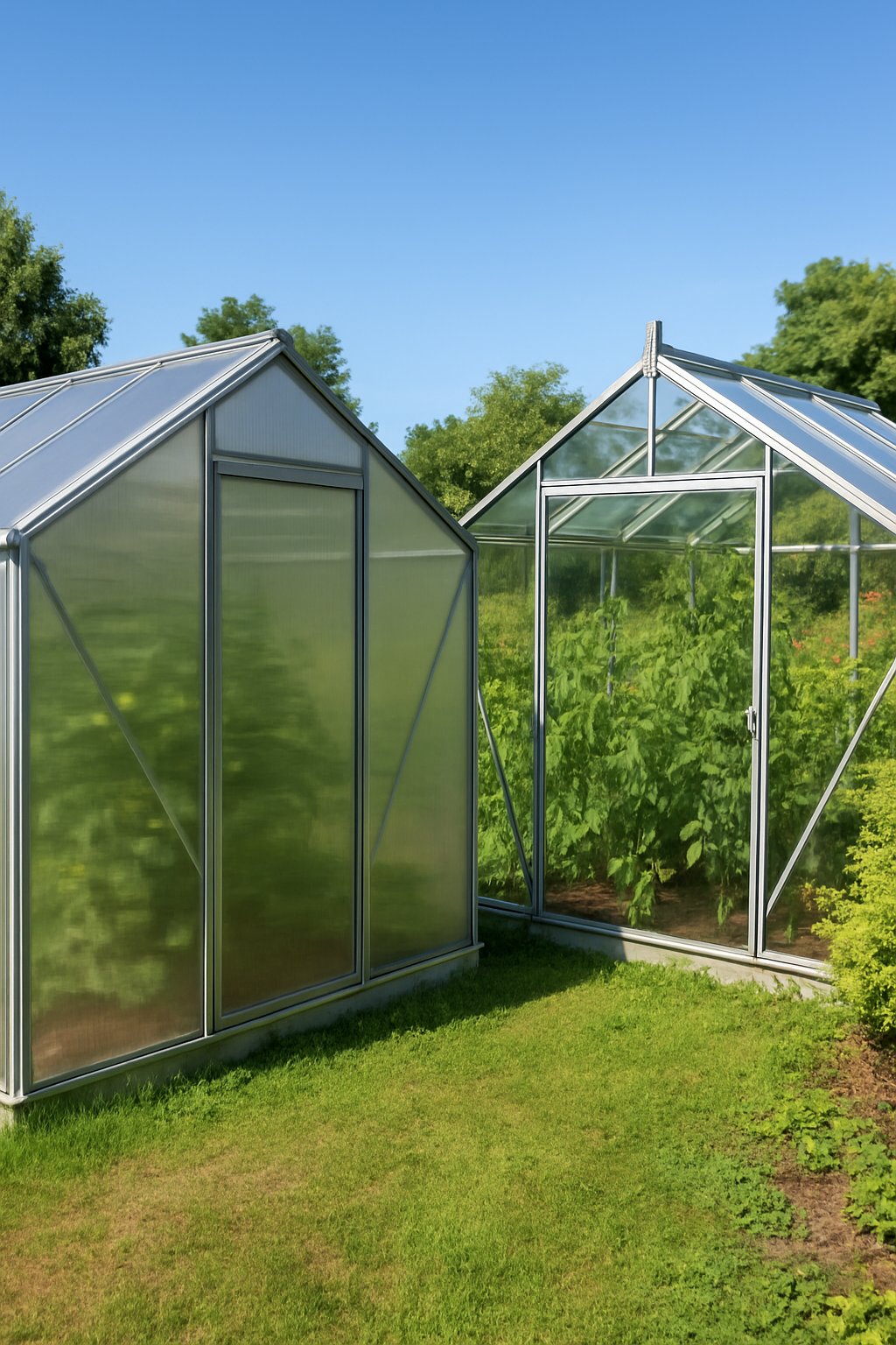 Two greenhouses side by side outdoors, one made of polycarbonate panels and the other made of glass, both containing plants inside.