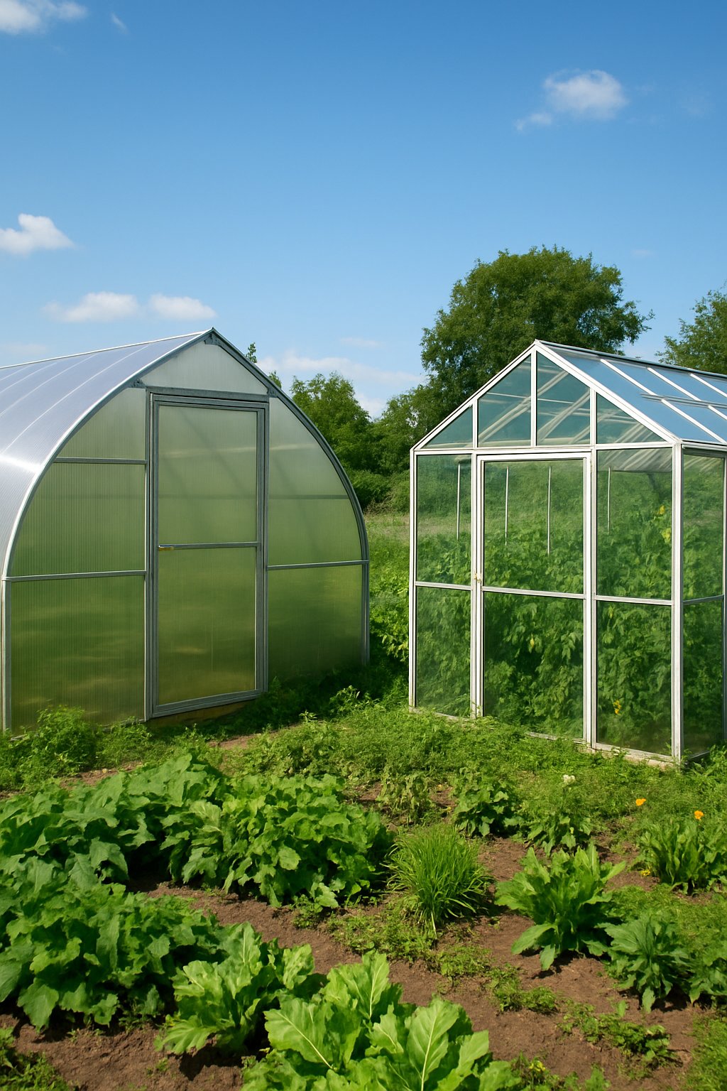 Two greenhouses side by side outdoors, one made of polycarbonate panels and the other made of glass, surrounded by green plants and trees.
