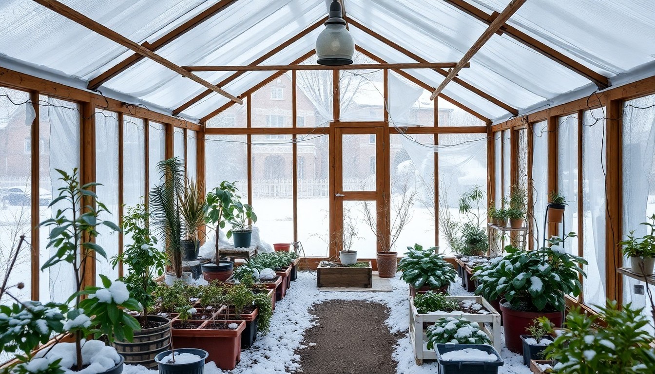 Snow-covered greenhouse with effective winter protection systems in place